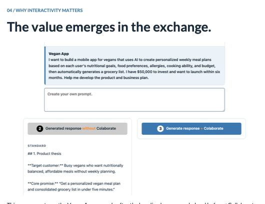 +Collaborate demo showing a prompt and a comparison of responses with and without +Collaborate.