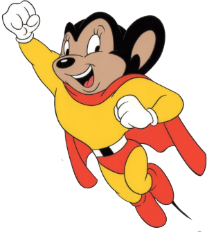 Mighty Mouse in flight, with one fist raised.