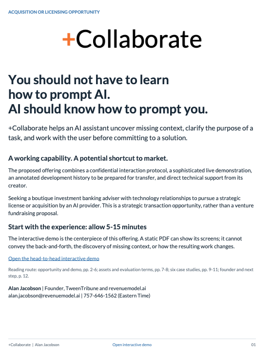 First page of the Collaborate strategic brief outlining the acquisition or licensing opportunity.